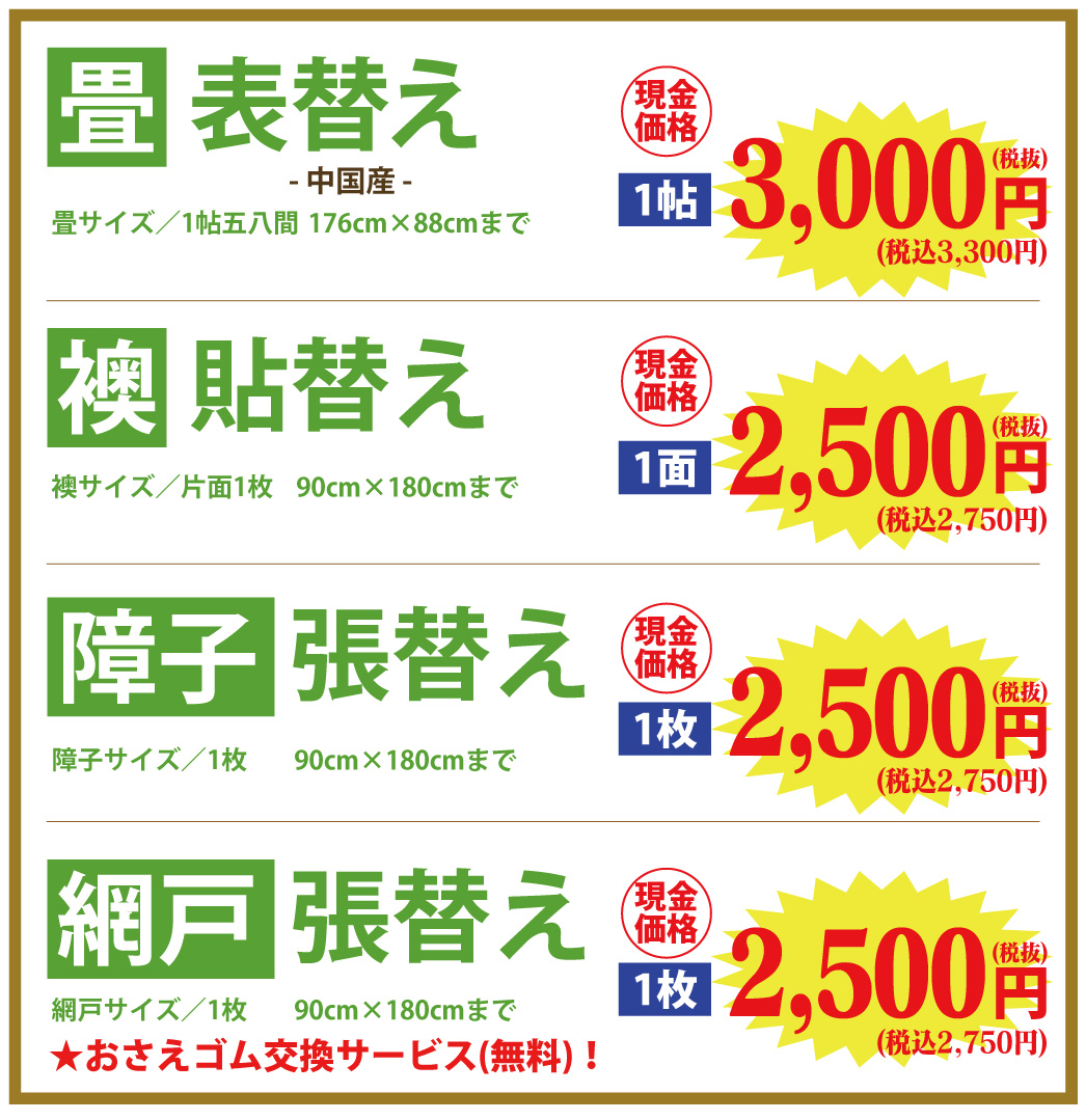 張替え　料金比較表